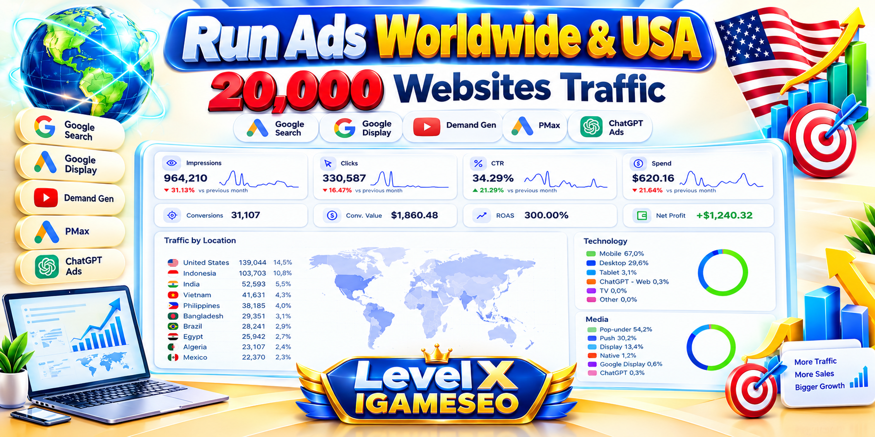 Run Ads Worldwide & USA 20,000 Websites Traffic G...