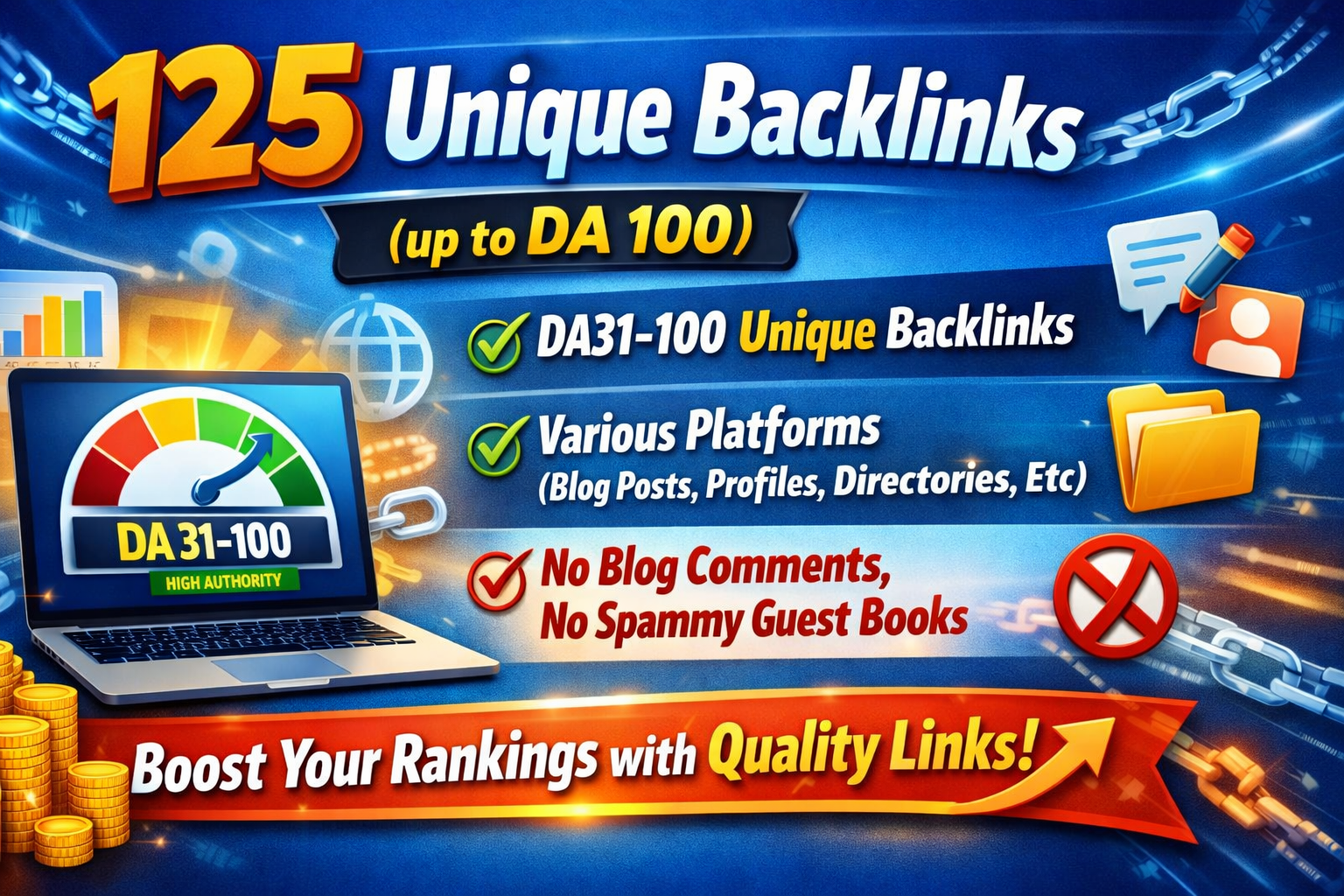 125 Unique SEO Backlinks - up to DA 100 - Small SEO P...