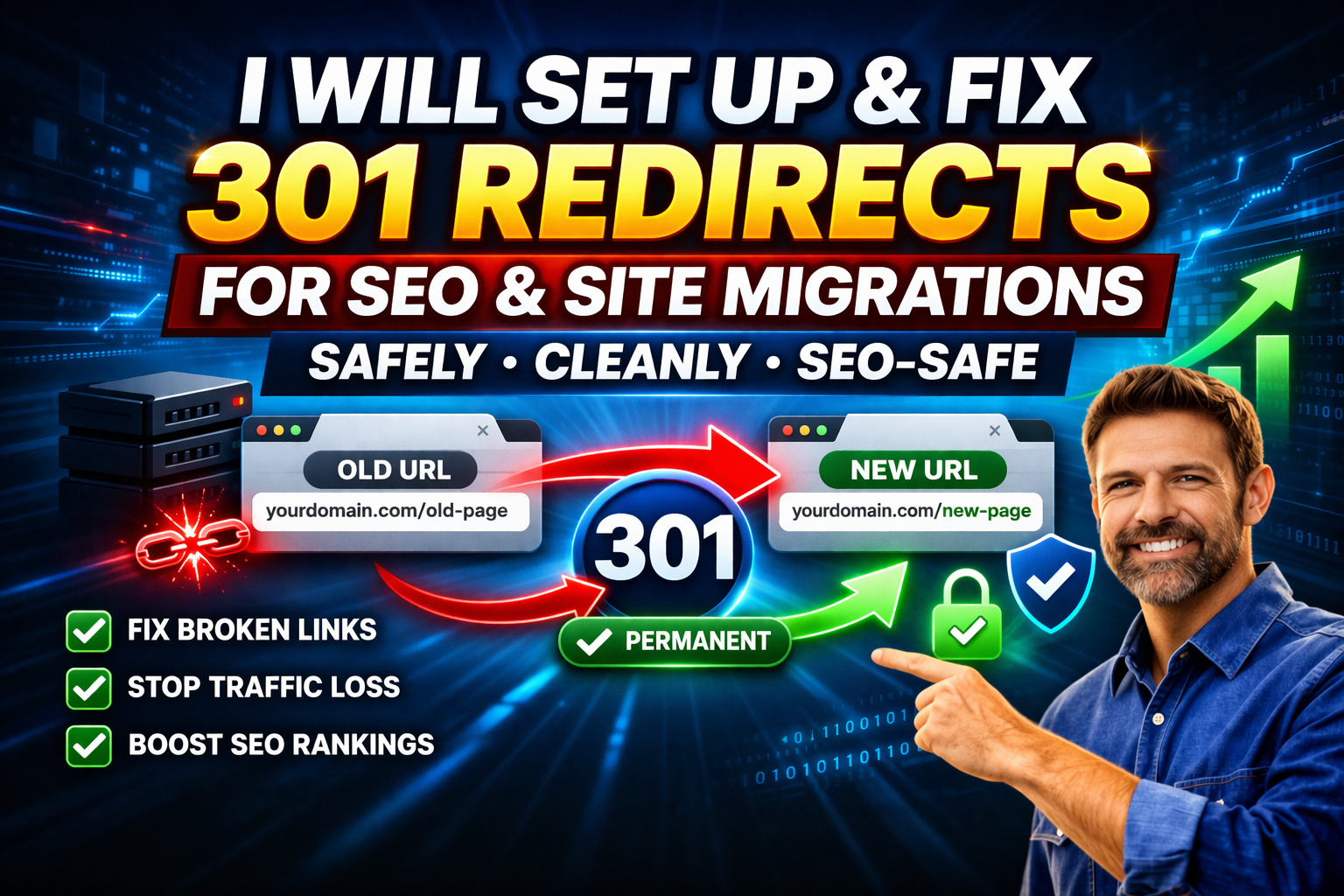 I will set up and fix SEO safe 301 redirects for site...