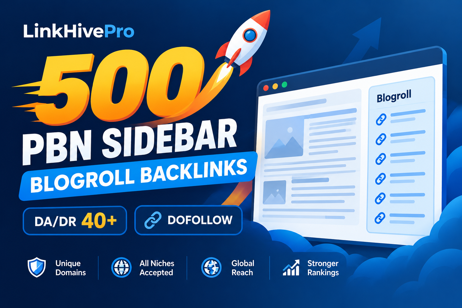 500 PBN Sidebar Blogroll Backlinks DA/DR 40+ Dofollow