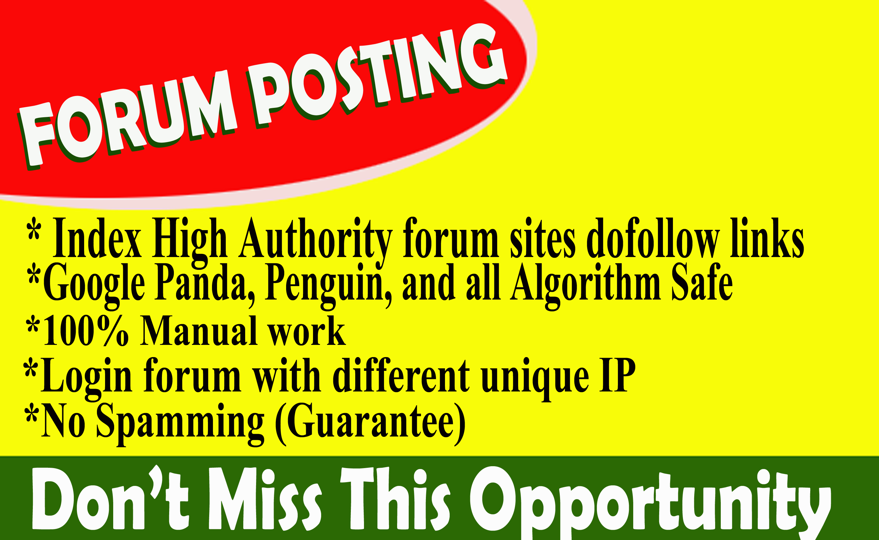 Provide 50 forum posting spam score 5 below dof0llow ...