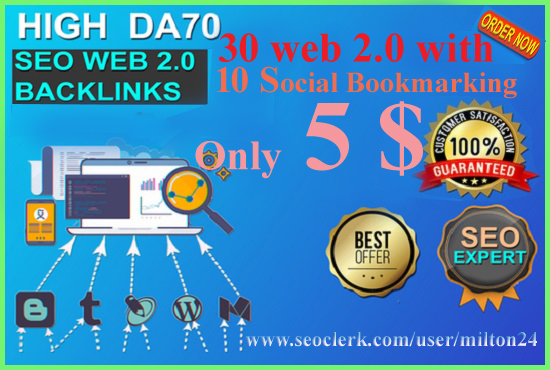 I will create 30 HQ web 2 0 SEO Backlinks with 10 soc...