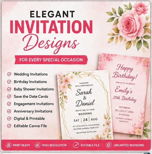 I will design elegant wedding, birthday, baby showe...