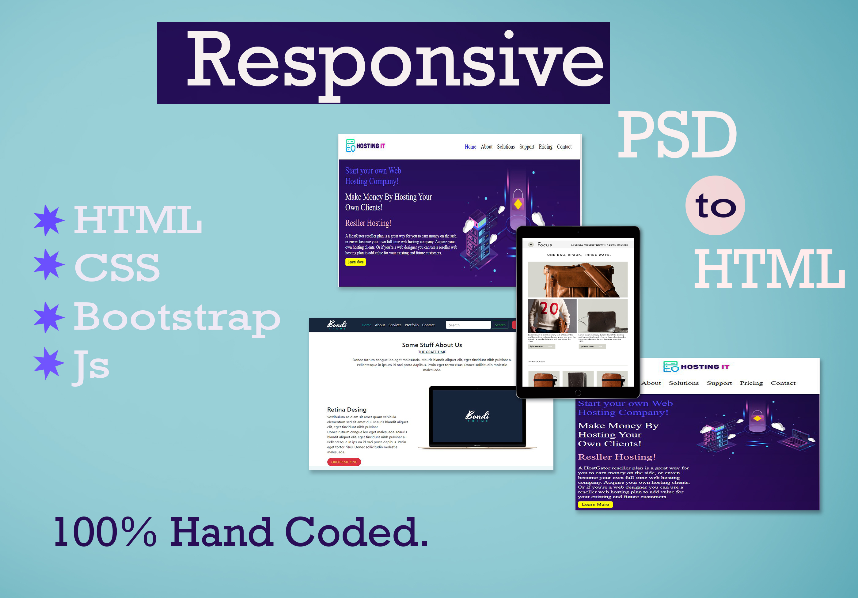 Convert PSD to HTML with Responsive webpage. Html. Cs...