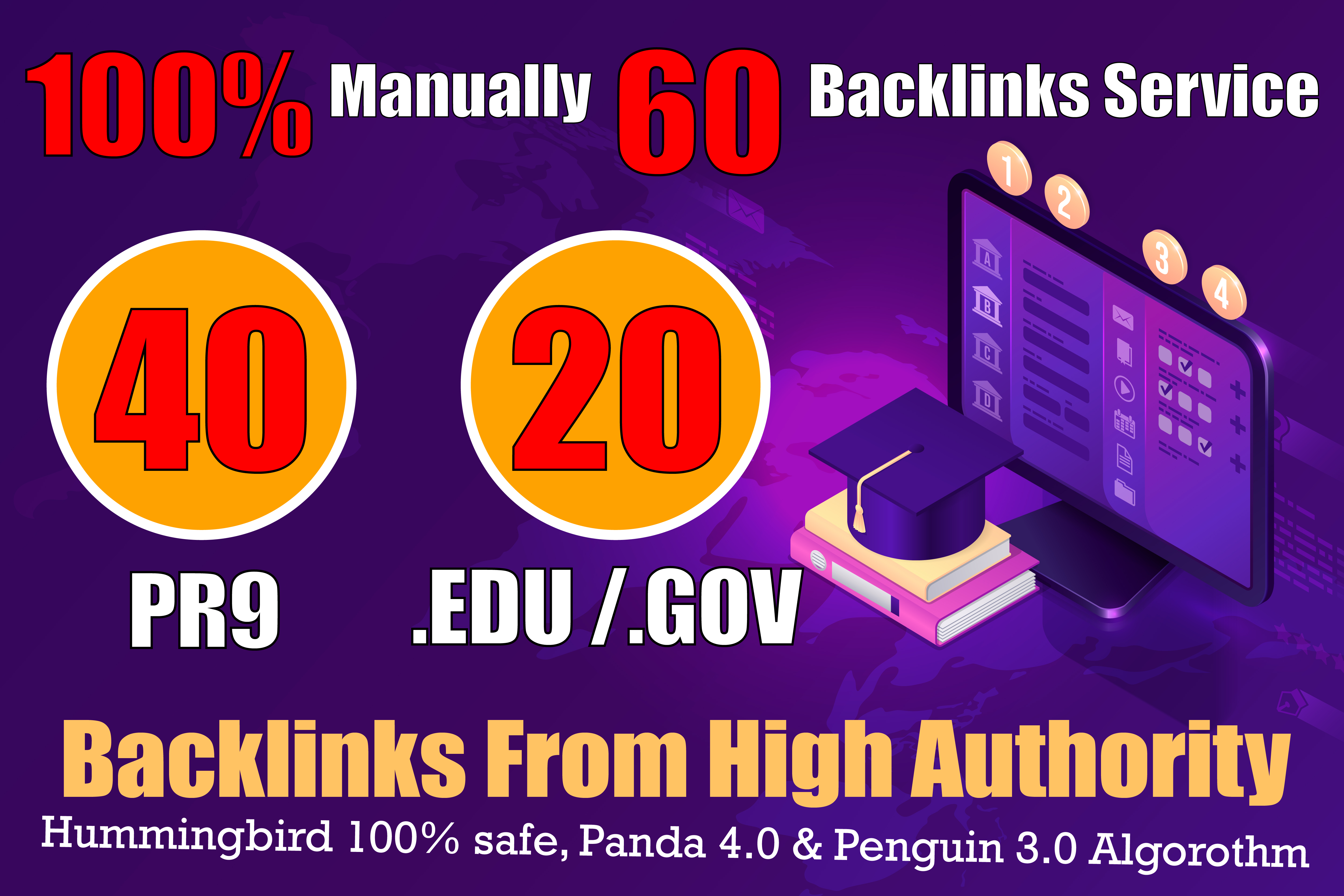 manually do 40 PR9 + 20 EDU/GOV Safe SEO High Pr Back...