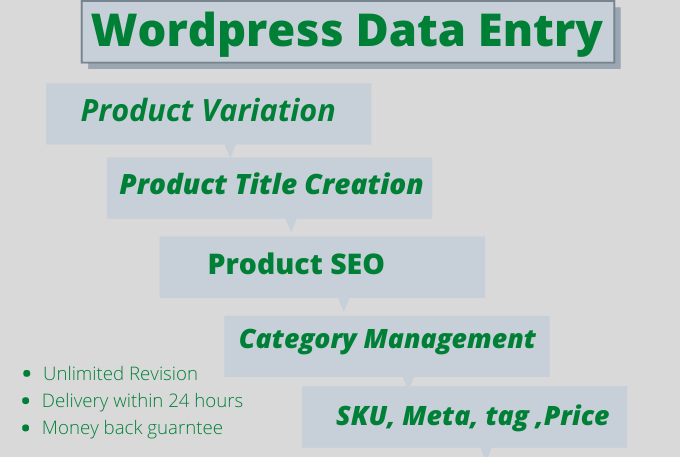 I will do 100 wordpress data entry and woocommerce pr...