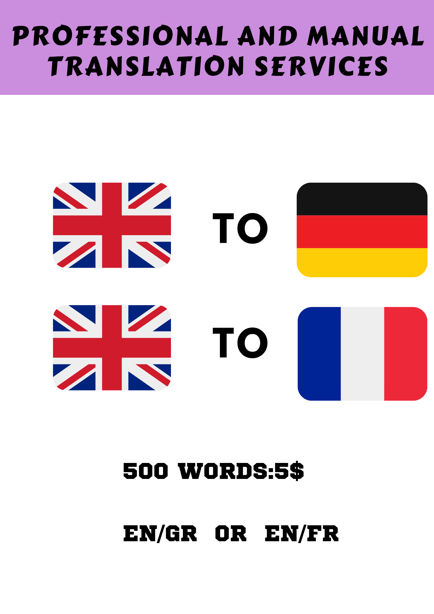 Translate english to german and french up to 500 word...