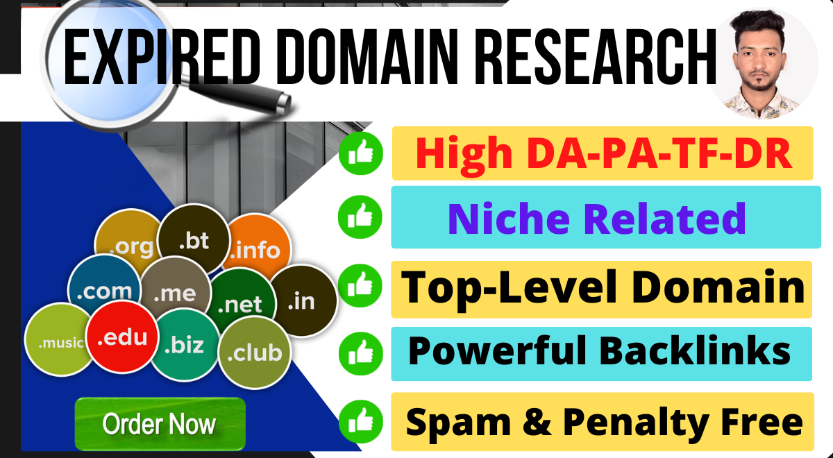 I will research expired domain name with DA, PA, ba...