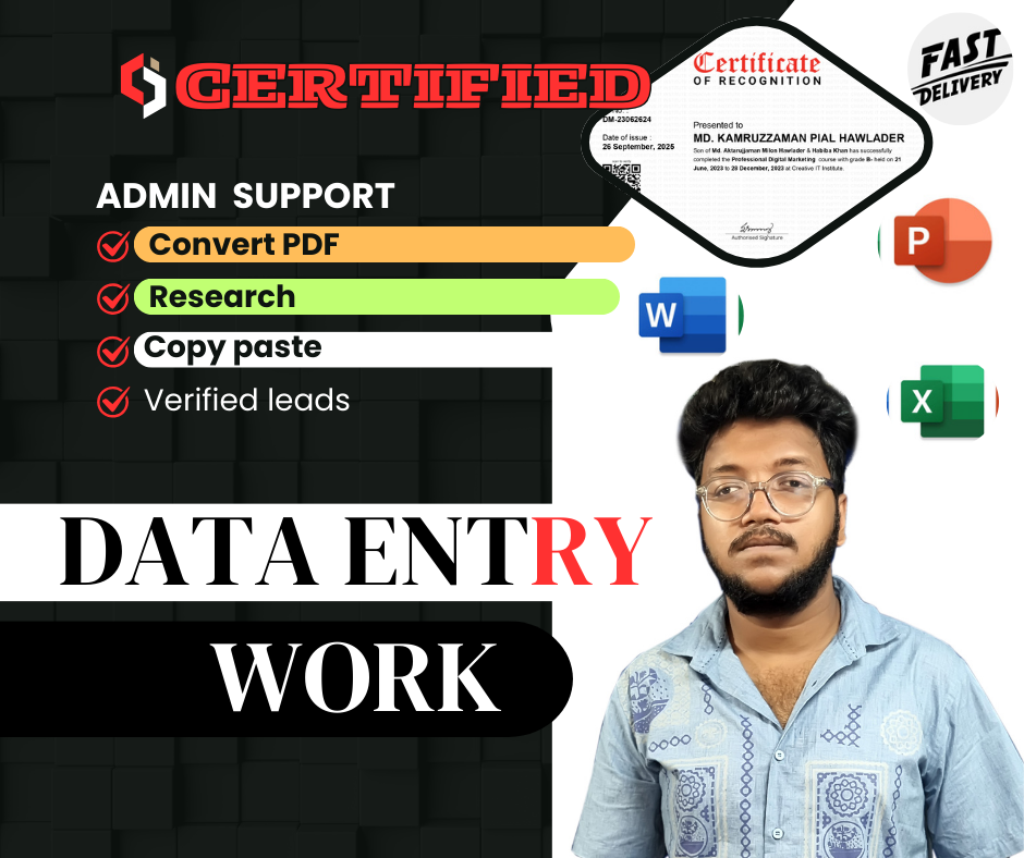 I will any type of data entry, PDF to excel, copy p...