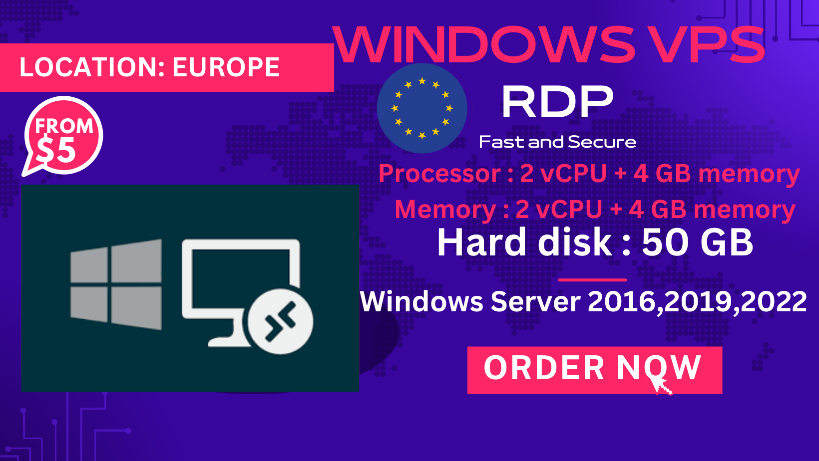 WINDOWS VPS FOR EUROPE 2 vCPU + 4 GB memory + 50 GB R...