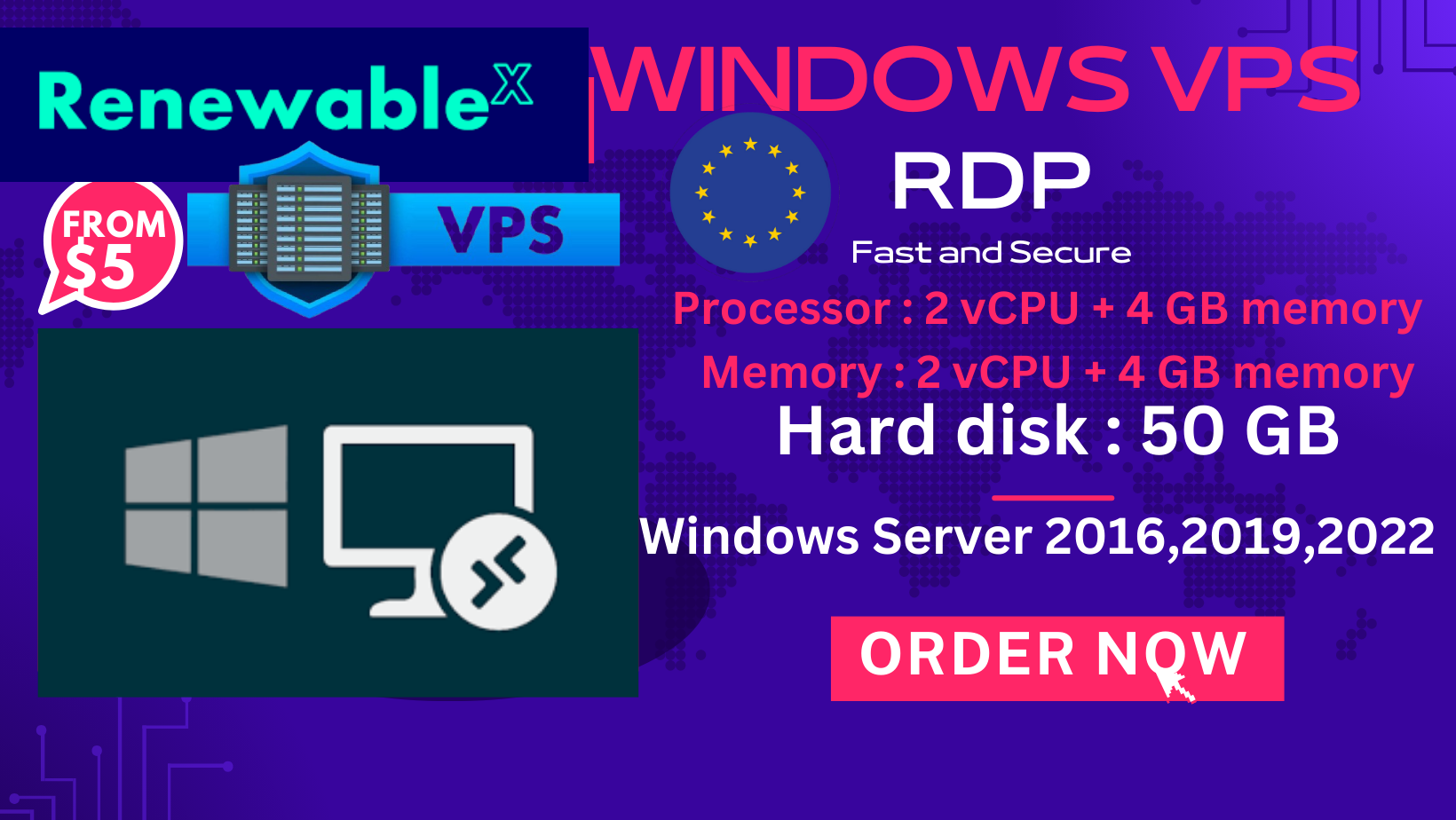 Renewable Windows VPS/RDP - USA- 4CPU 4GB RAM 50GB SS...