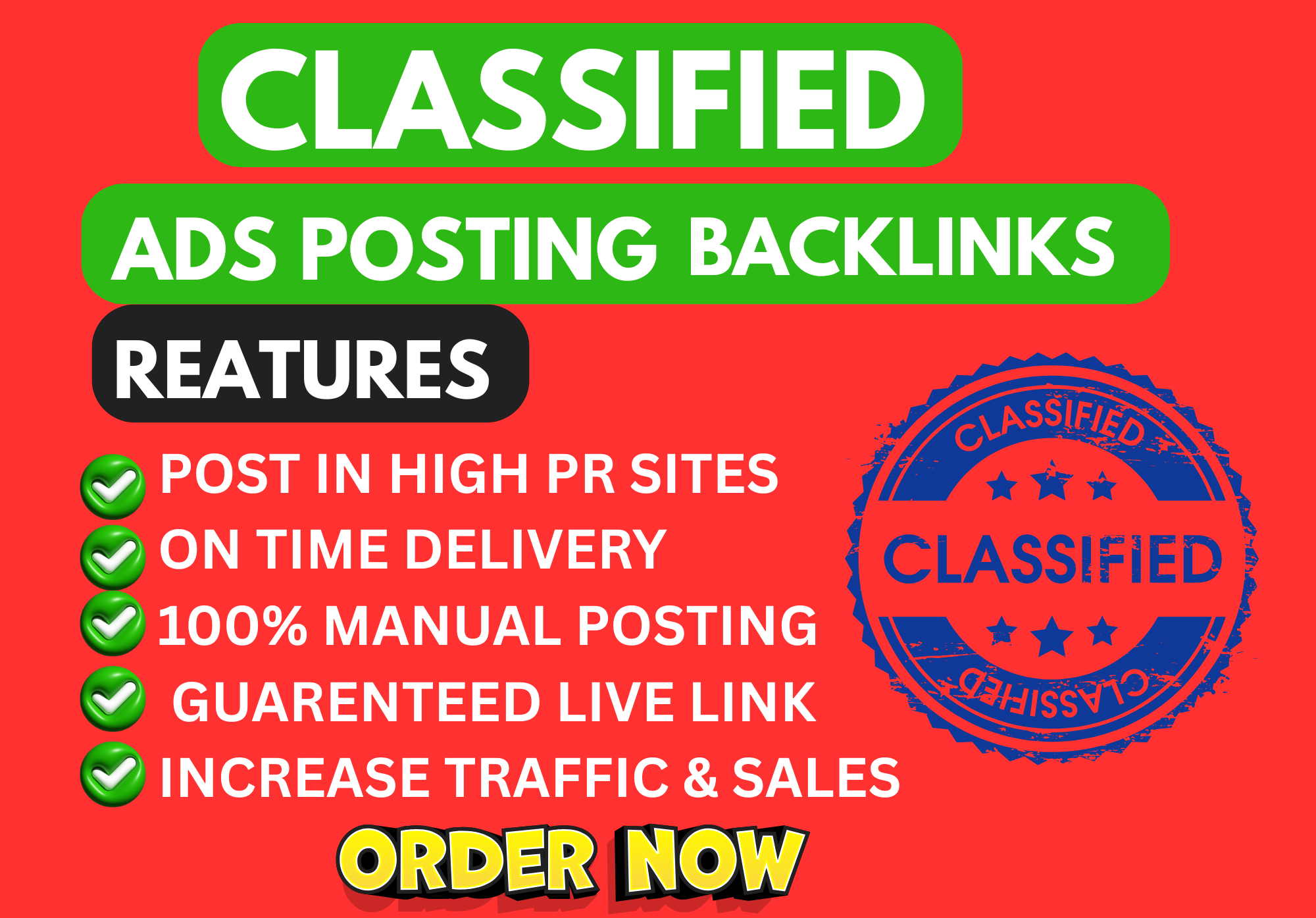 I will 100 classified ad posting live backlink on top...