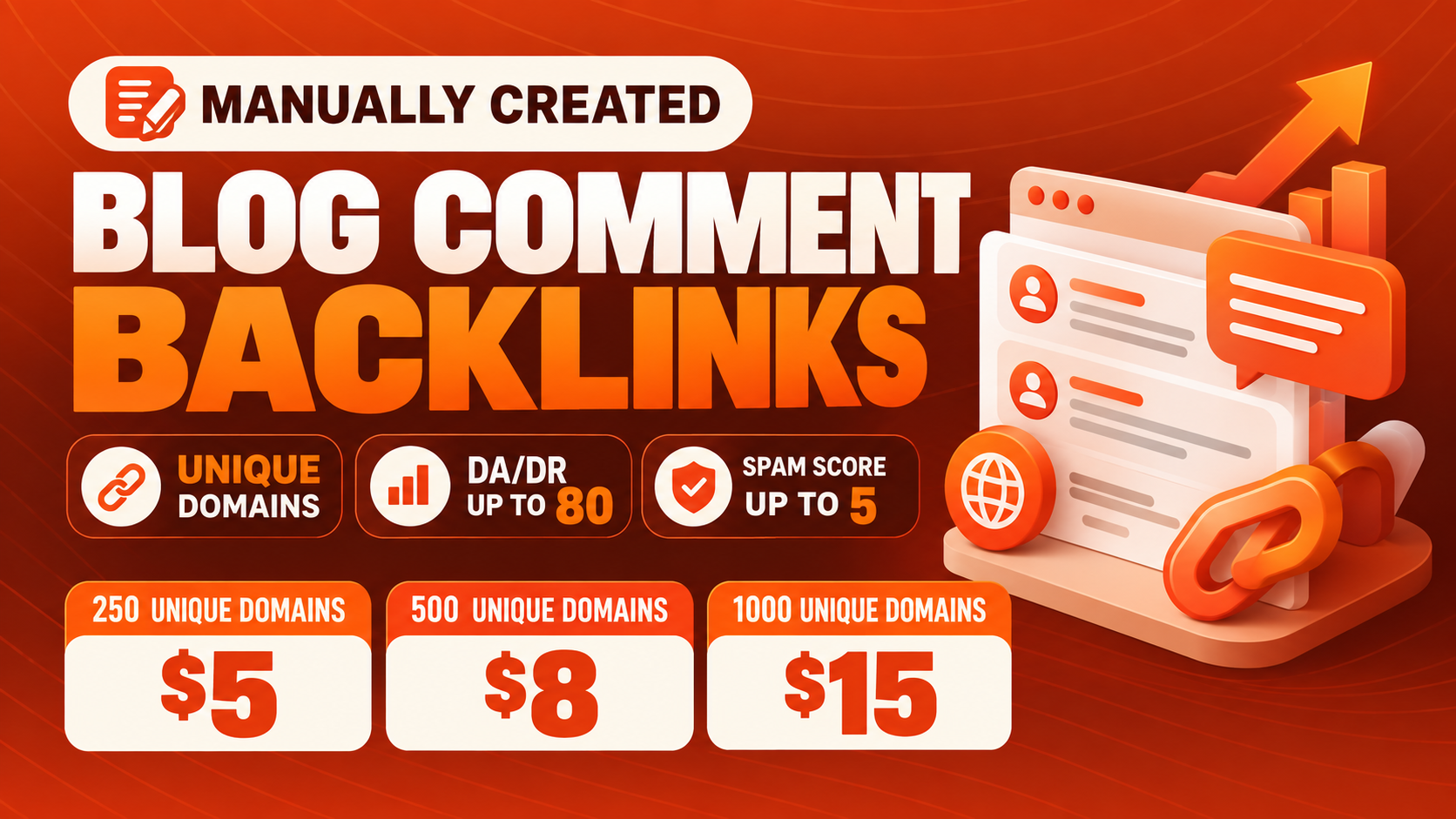 Manually Created Blog Comment Backlinks Unique Domain...