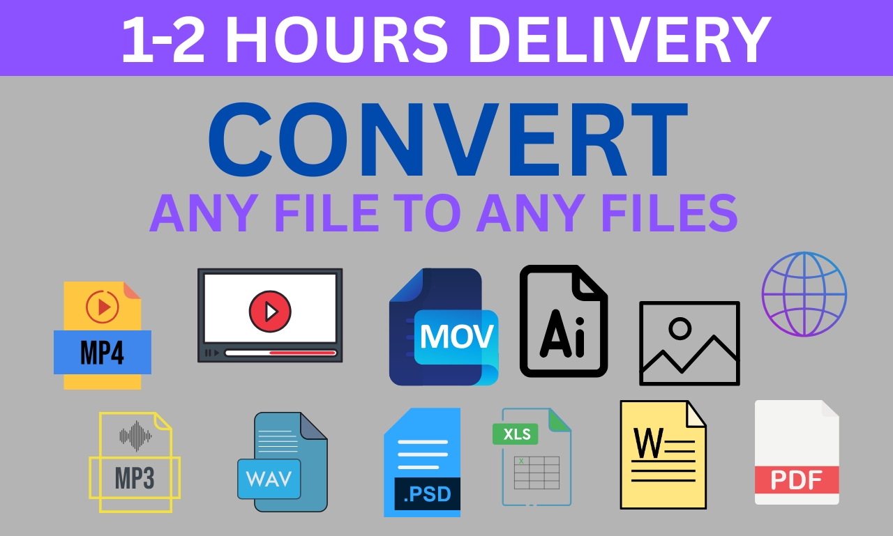 I will convert any file format mp4, mp3, wmv, PSD,...