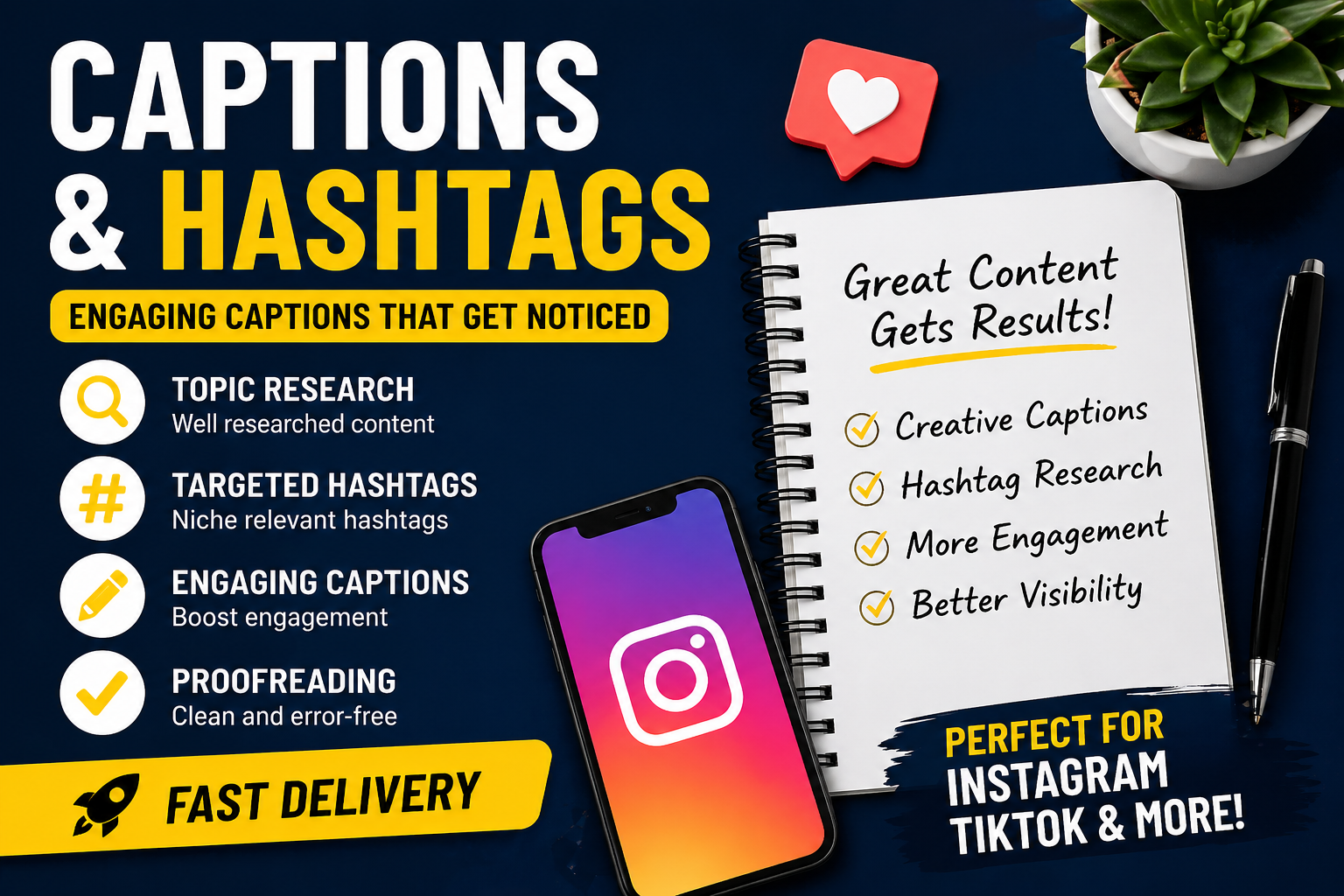 Post caption writing and hashtag research