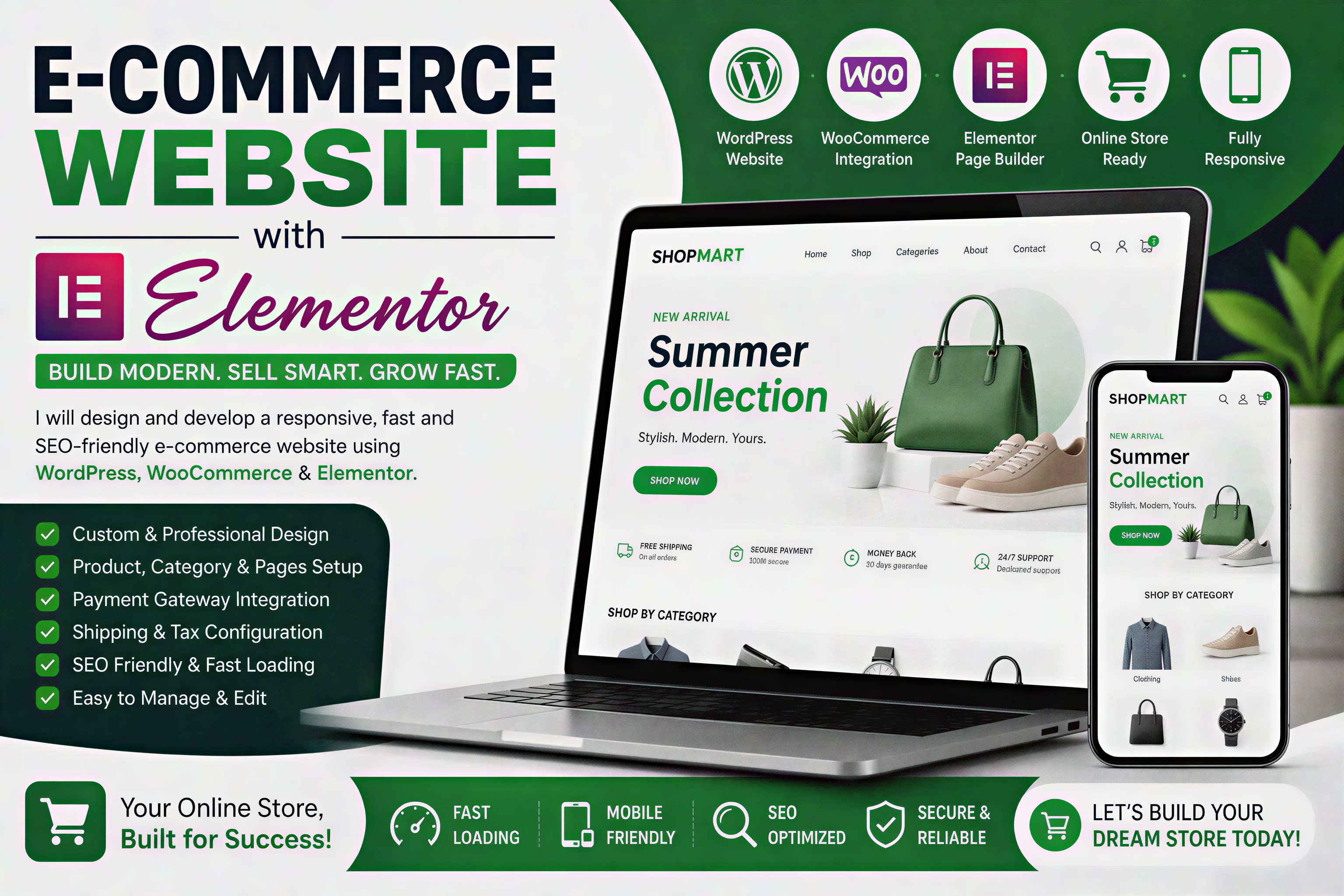 Create a modern and responsive WordPress e-commerce w...