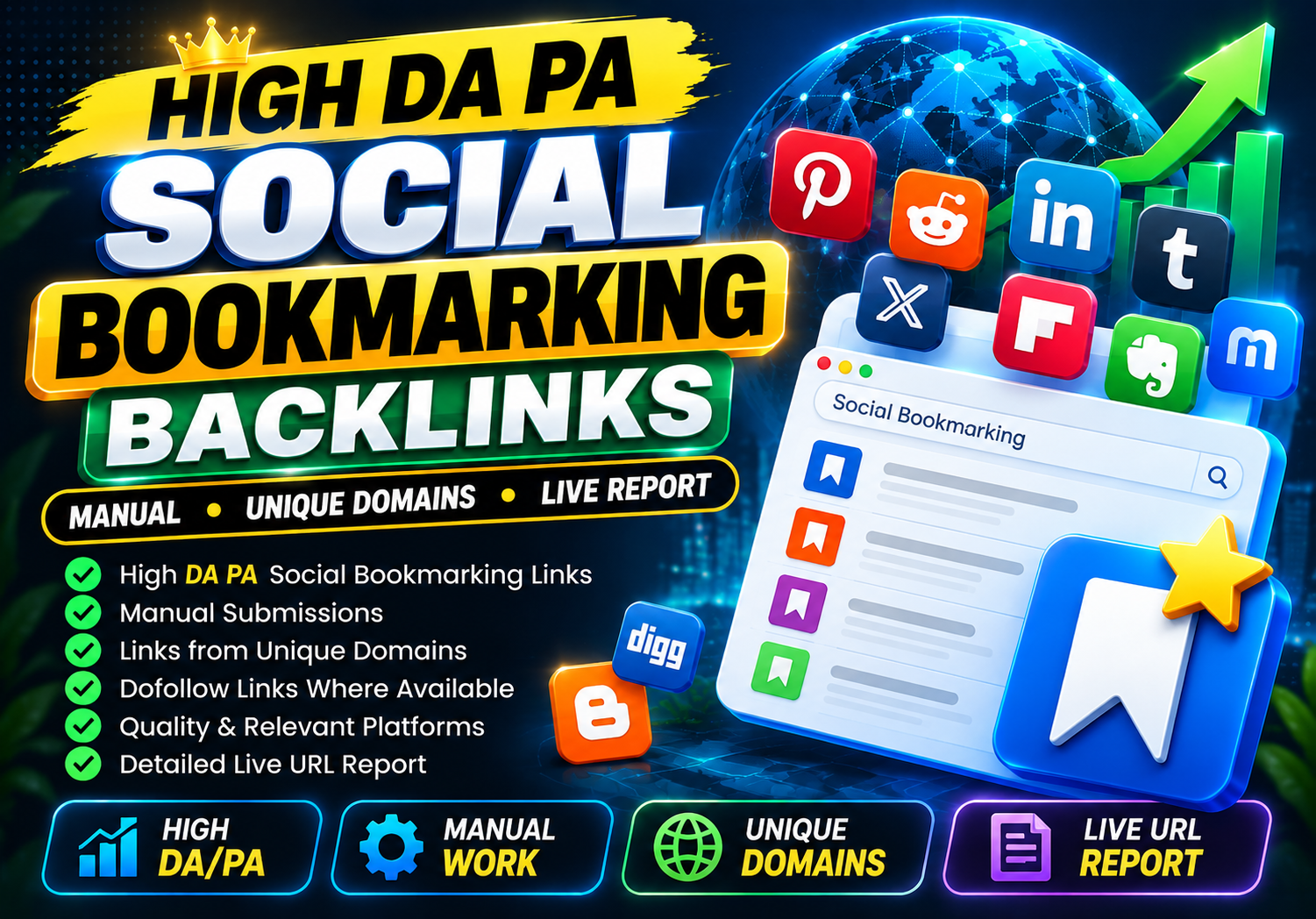I will manually build high DA PA social bookmarking b...