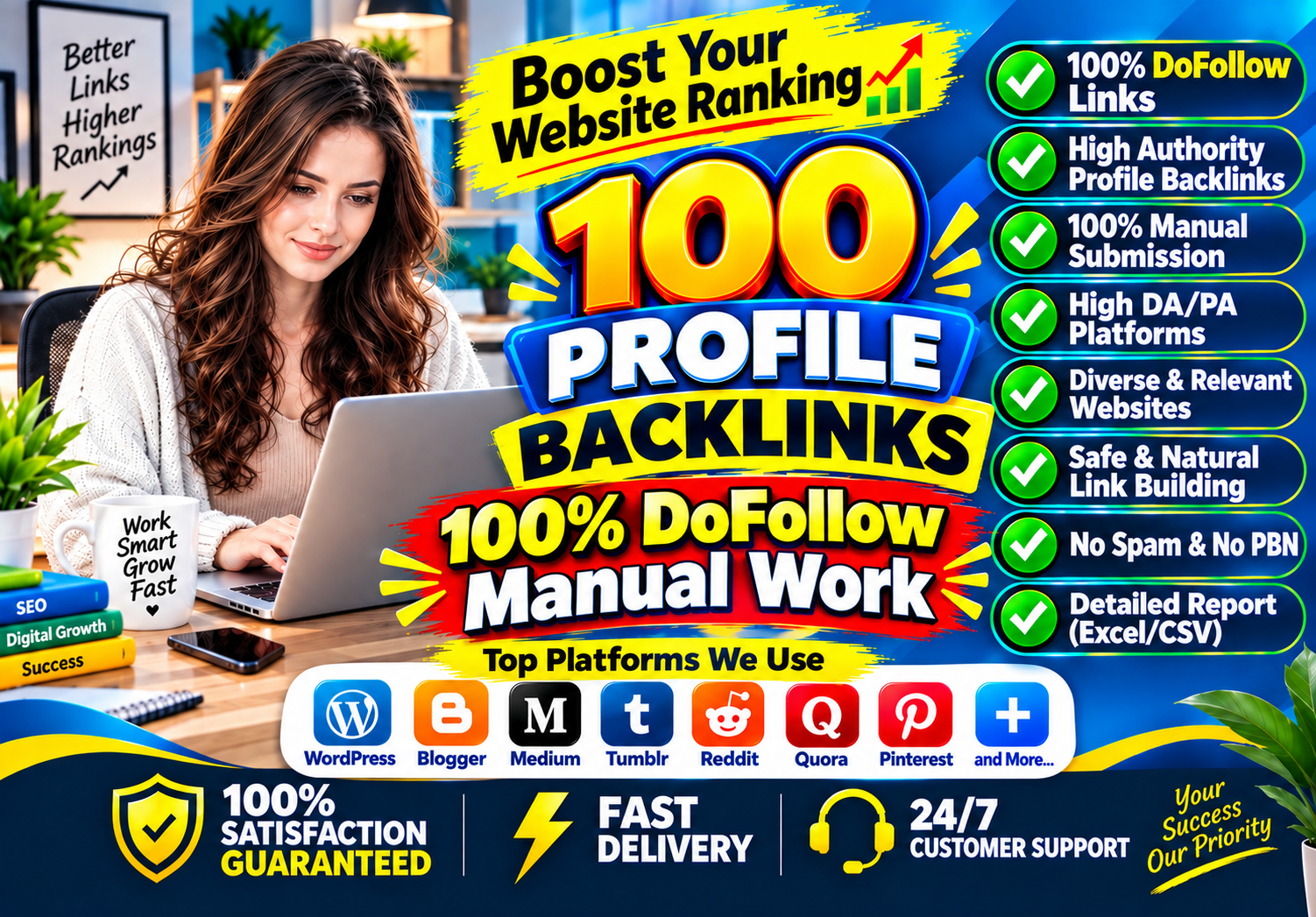 100 Profile Backlinks/High Authority Manual & DoF...