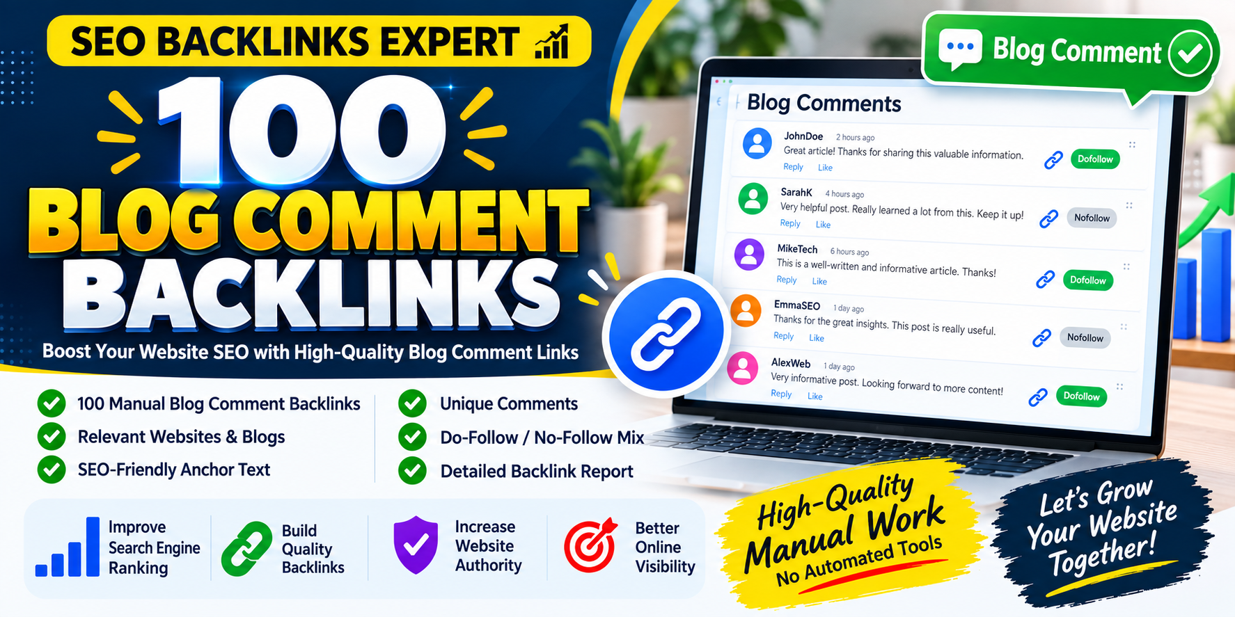 I will build 100 manual blog comment backlinks for SE...