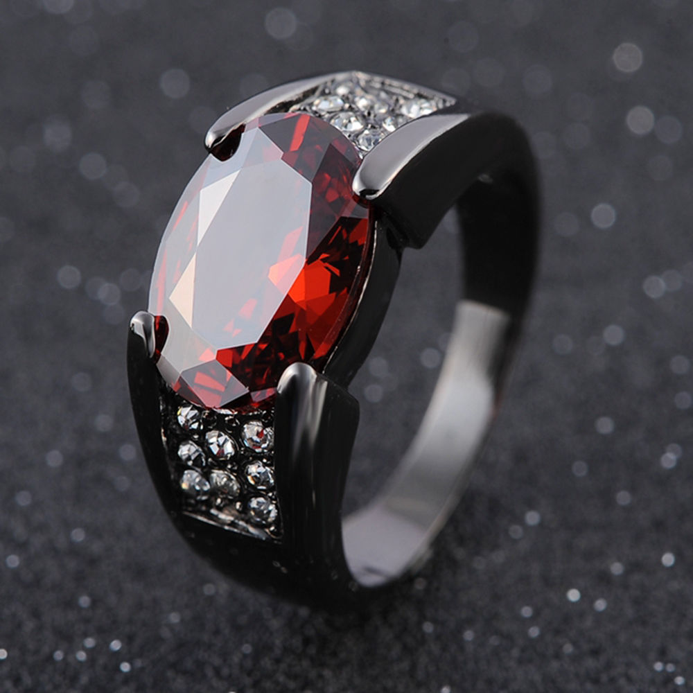 Solitaire Red Garnet Fashion Black 18K Gold Filled Ma...