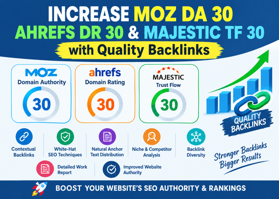 Increase Moz DA 30, Ahrefs DR 30 & Majestic TF 30 with Quality Backlinks