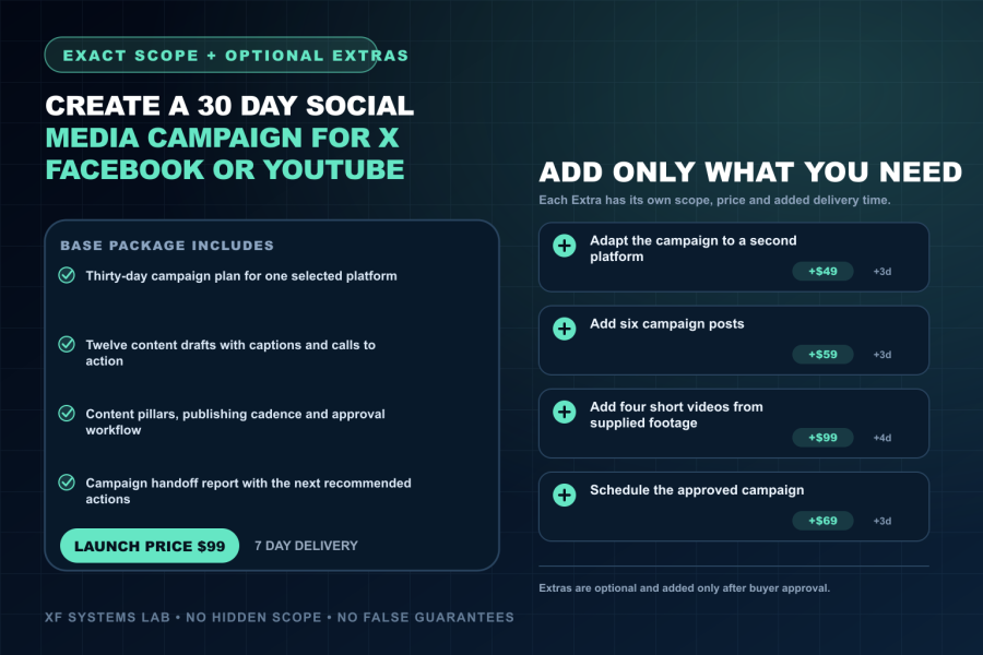 I will create a 30 day social media campaign for X Facebook or YouTube
