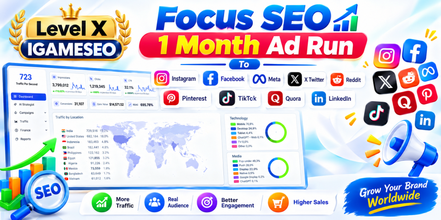 Focus SEO 1 Month Ad Run To Instagram Facebook Meta X Twitter Reddit Pinterest TikTok Quora LinkedIn