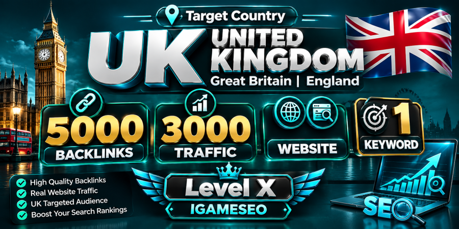 Target Country UK United Kingdom Great Britain England 5000 Backlinks 3000 Traffic Website 1 Keyword
