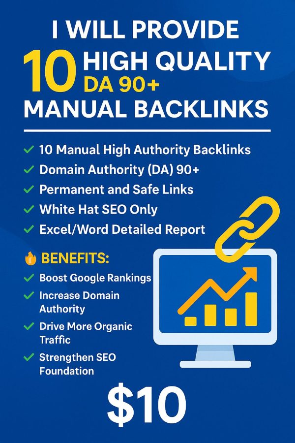 Provide 10 High Quality DA 90+ Manual Backlinks for SEO Ranking