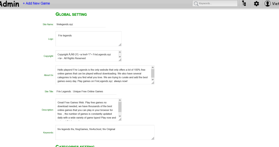 The source code of the mini game website on the browser is the same as the frivlegend SEO standard w