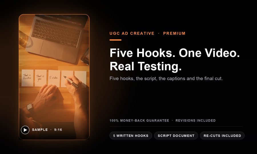 I Will Build Premium UGC Ad Creative: 5 Hooks, Script, Captions & Final Cut