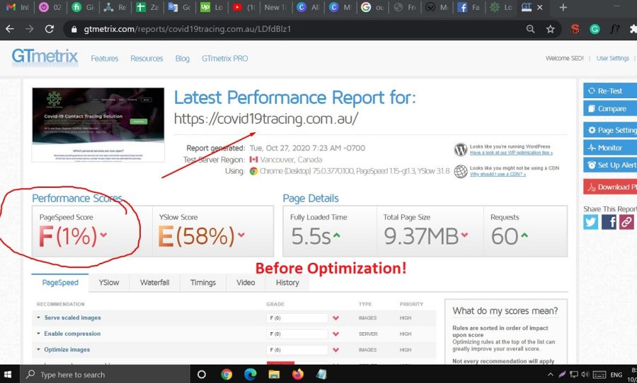 WordPress website speed optimization with Gtmetrix
