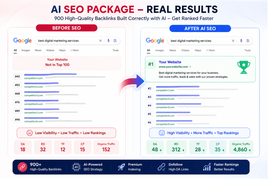 AI SEO Package &ndash; 900 High-Quality AI-Powered Backlinks