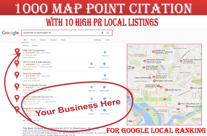 I will do 1000 google map point citations with 10 local listings for any country