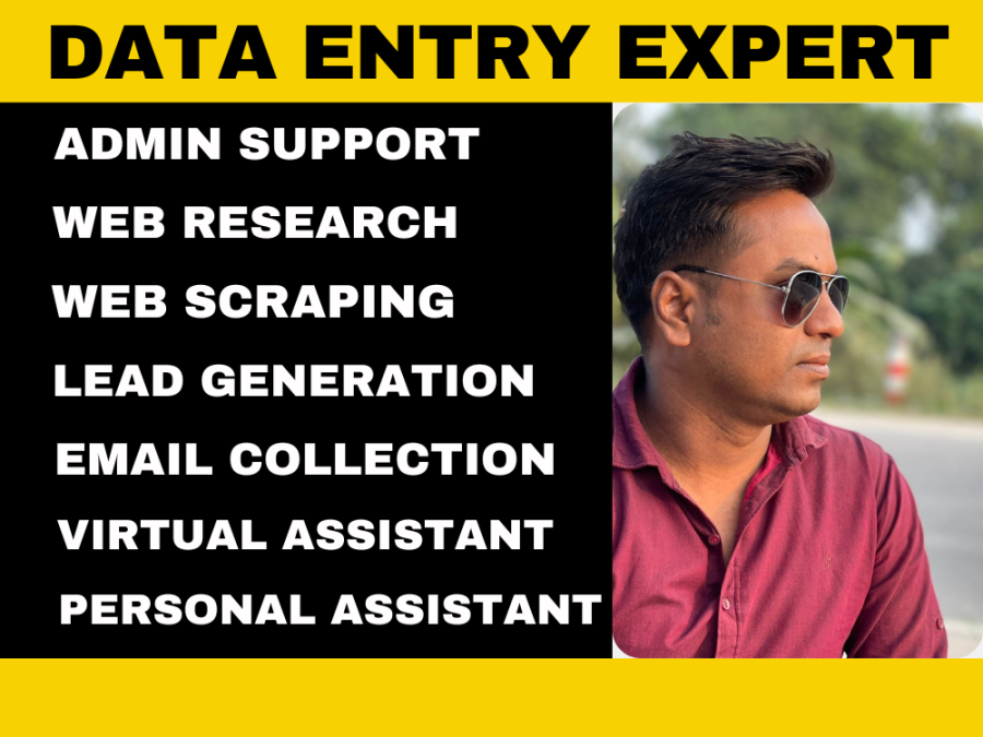 Data entry, Virtual assistant, Web research, and B2B lead generation