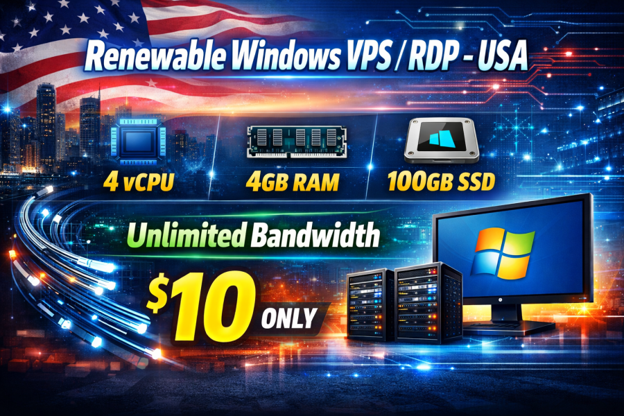Windows VPS/RDP - USA- 4CPU 4GB RAM 100GB SSD - Unlimited Bandwidth 