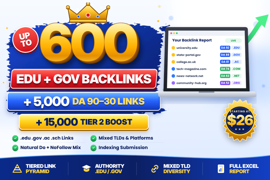 Up to 600 EDU GOV Backlinks + 5,000 DA 90-30 Backlinks from Mixed TLDs & Platforms + 15,000 Tier 2