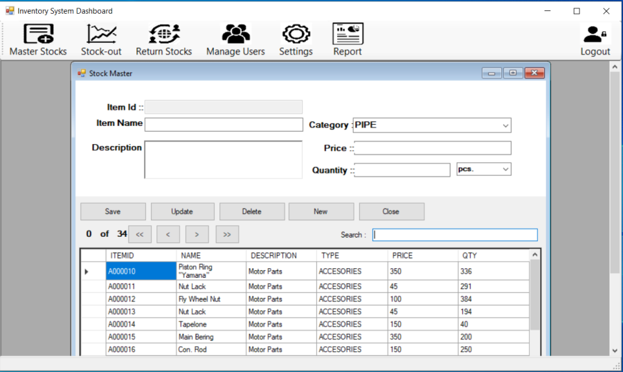 Inventory Management System for managing the stock master, stock out, return stocks