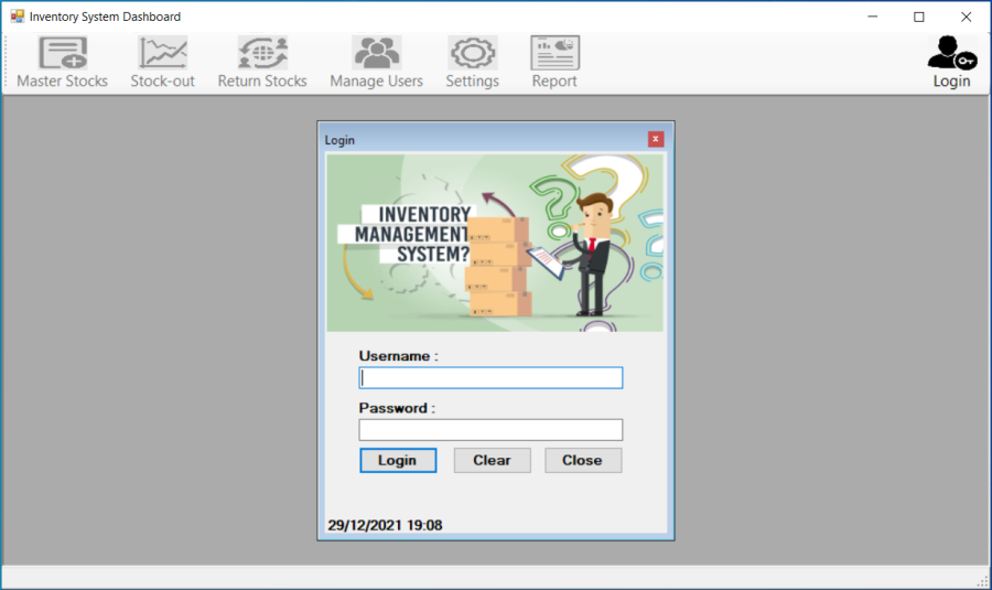 Inventory Management System for managing the stock master, stock out, return stocks