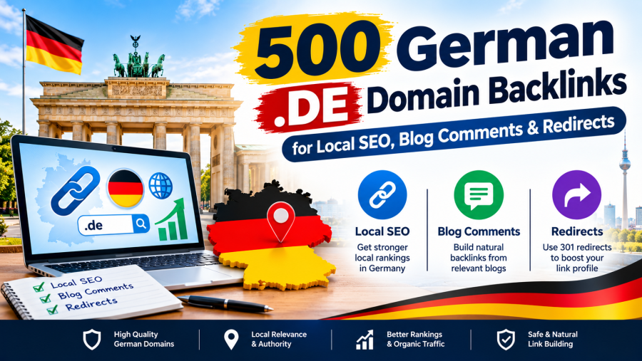 500 German (.DE) Domain Backlinks for Local SEO, Blog Comments & Redirects.