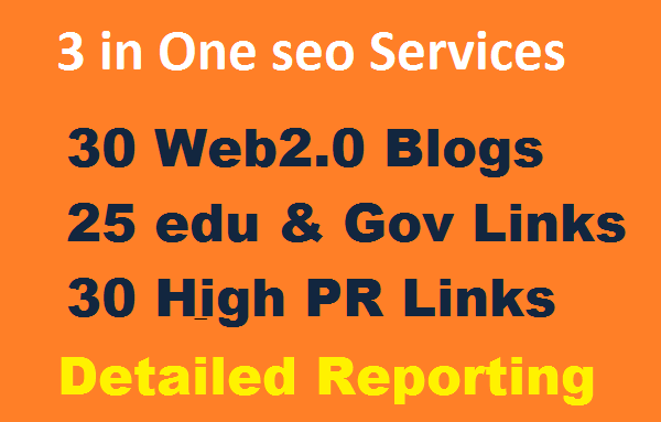 Provide 3 in One seo services 30 Web2.0 Blogs, 25 edu & Gov backlinks, 30 High PR Backlinks