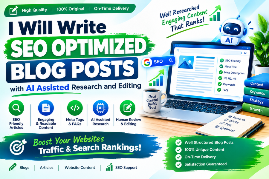 I Will Write SEO Optimized Blog Posts with AI Assisted Research and Editing