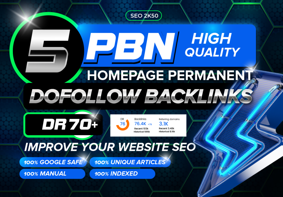 Build 5 PBN Homepage Posts with DR 50 Plus to 70 permanent do follow backlinks 