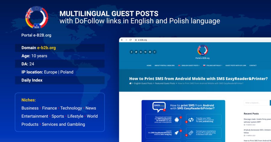 Portal e-B2B.org / Lifetime GUEST POSTS with 2 dofollow links / Niche GAMBLING