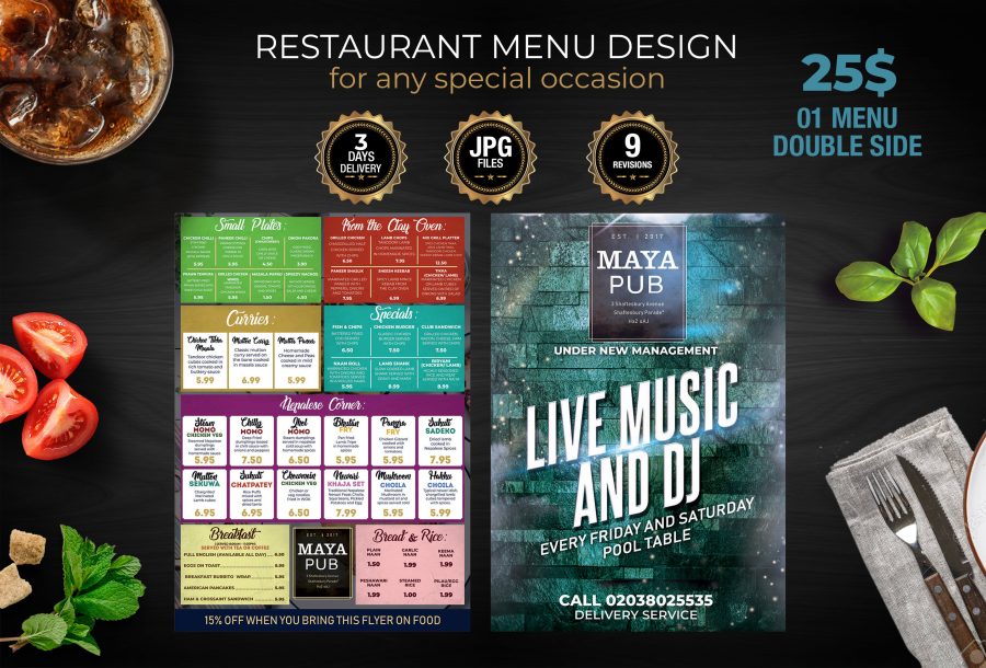 Professionally design restaurant menu ready to print