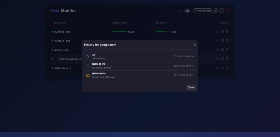 PHP Host Monitor - Domain, SSL & Uptime Tracker with Alerts