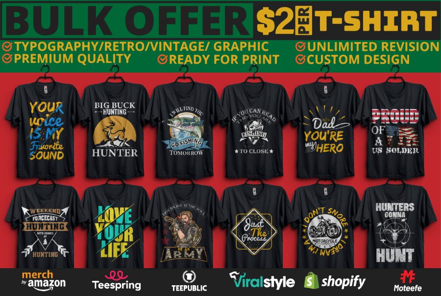 I will do Custom, Typography, Bulk t shirt and Trendy t shirt design