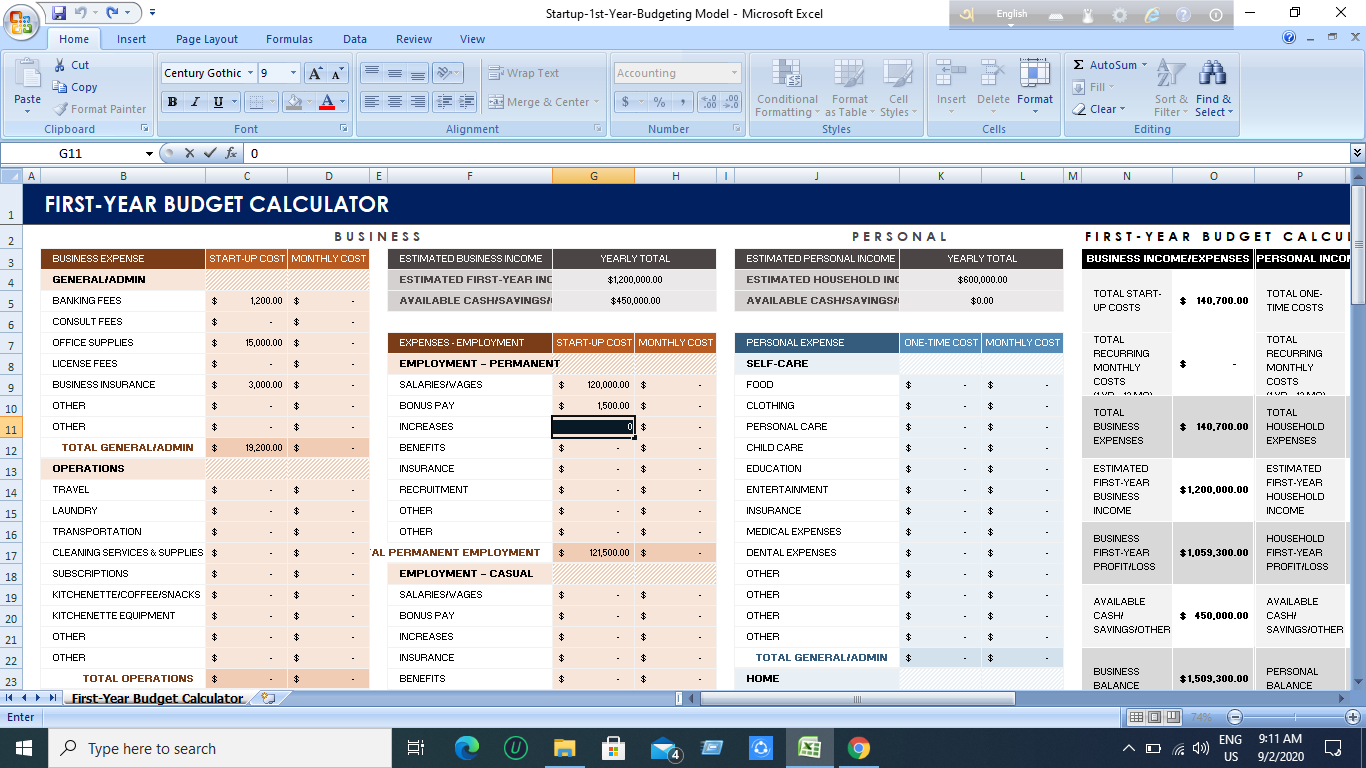 I will provide you an outstanding 1st year startup business budgeting model & calculator template