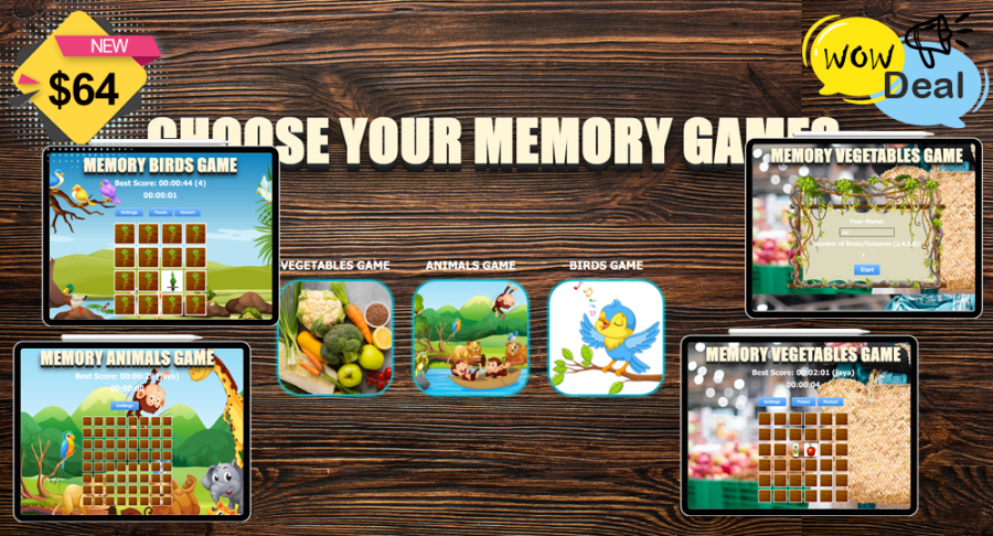VEGETABLES GAME ANIMALS GAME BIRDS GAME Number of Rows/Columns (2,4,6,8) Source Code Available