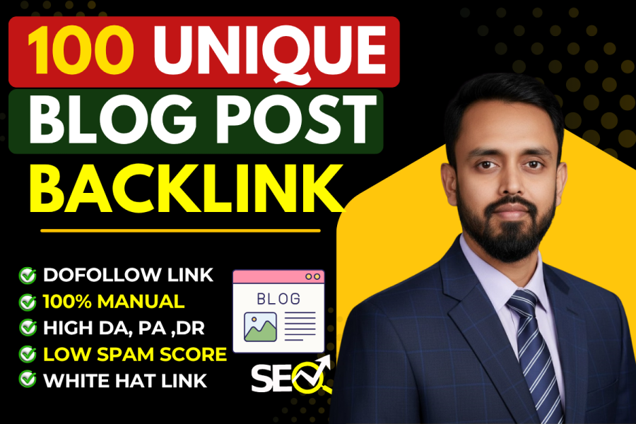 Write and publish 100 unique blog posts on high DA sites SEO backlinks.